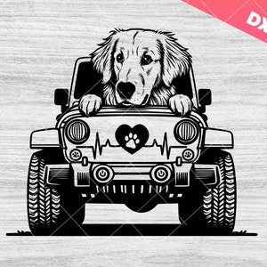 Golden retriever gluren op auto Svg Png, hondenliefhebber auto sticker gesneden bestand, schattig huisdier Clipart 4 x 4 offroad rijden, hond schattig Png, buitenleven svg, Cricut
