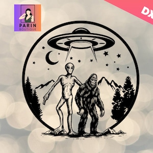 Bigfoot y extraterrestre bajo la luna V2 Svg, Sasquatch SVG, Bigfoot Svg, Funny Camping Svg,Alien Svg,UFO Svg,Montañas,Regalos personalizados,Cricut