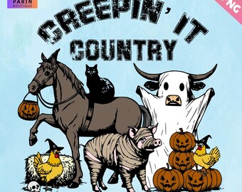 Creepin It Country Retro Halloween Svg Png,Funny Farm Animal Pumpkin,Country Ghost Horse Pig Cow Chicken Cat,Jack-o-lantern,Cricut Silhouett