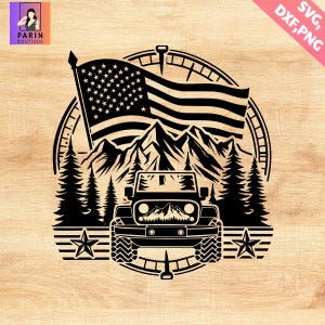 May include: Black and white graphic of a Jeep with an American flag, mountains, and pine trees. The design includes a compass and stars, with the text "SVG, DXF, PNG" in the upper right corner. The Parin Boutique logo is in the upper left corner.