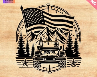 Könnte beinhalten: Schwarz-weiße Grafik eines Jeeps mit amerikanischer Flagge, Bergen und Kiefern. Das Design beinhaltet einen Kompass und Sterne, mit dem Text "SVG, DXF, PNG". Das Parin Boutique-Logo befindet sich oben links.