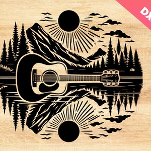 Gitaar Lake Shadow V3 SVG, Love Guitar Musician, prachtige gitaarmeerschaduw, Guitar Sunset Svg, Reflection Sunset, cadeau voor gitarist, Cricut