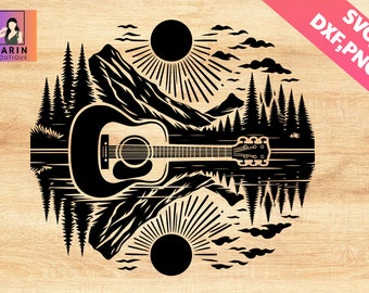 Guitar Lake Shadow V3 svg, Love Guitar Musician, beautiful guitar lake shadow,Guitar Sunset Svg,Reflection Sunset ,gift for guitarist,Cricut