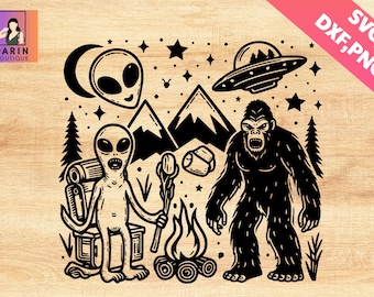 Bigfoot and alien camping Svg, Sasquatch SVG, Bigfoot Svg, Funny Camping Svg,Alien Svg,UFO svg,Mountains,moon star,Personalized Gifts,Cricut