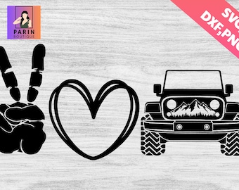 May include: Black and white graphic design featuring a peace sign, a heart, and a Jeep with a mountain range in the grill. The design is perfect for a car decal or a t-shirt.