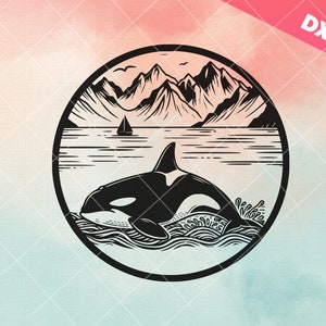 Killer Whale svg, Berge und Killerwal svg, Meerszene svg, Wildtier svg, Orca Clipart, Meerestiere, dxf für Plasmen, svg für Cricut