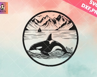 Killer Whale svg,Mountains and Killer Whale in Sea Svg, Sea Scene Svg, Wildlife Svg,Orca clipart,sea animals ,dxf for plasma,svg for cricut