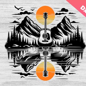 Gitaar Lake Shadow SVG, liefde gitaar muzikant, mooie gitaar Lake Shadow, gitaar zonsondergang, reflectie zonsondergang, cadeau voor gitarist, bos berg