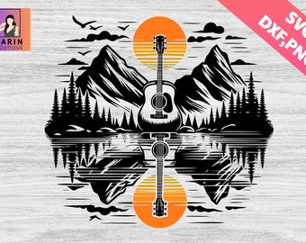 Guitar Lake Shadow svg,Love Guitar Musician,beautiful guitar lake shadow,Guitar Sunset,Reflection Sunset ,gift for guitarist,forest mountain