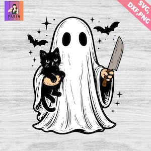 May include: A Halloween-themed illustration featuring a ghost holding a knife and a black cat. The ghost is white with black eyes, and the cat is black. Bats and stars are also included in the design. The image has the text "SVG, DXF, PNG".