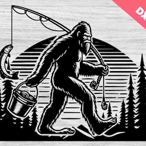 Bigfoot pesca svg, divertido bigfoot svg, big foot svg, yeti svg, sasquatch svg, corte bigfoot clipart pescador, papá pescador, calcomanía sasquatch, circuito
