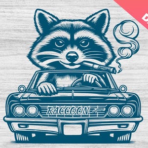 Mapache vintage fumando en coche Svg Png, Ilustración de mapache retro, Diseño de vida salvaje de coche clásico, Clipart de mapache fumando, Animal vintage, Cricut