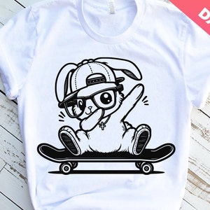 Svg de skateboard lapin mignon, tamponner Pâques, planche de skate, lunettes de soleil lapin, lapin hip hop, lapin mignon, lapin hip-hop cool, Pâques drôle, Cricut