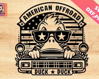 May include: A black and white graphic featuring a duck wearing sunglasses with star-shaped lenses, driving a vehicle. The text "AMERICAN OFFROAD" is above the duck, with "DUCK DUCK" below. The background includes an American flag design.