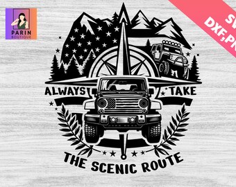 Può includere: Illustrazione in bianco e nero di una Jeep che guida attraverso un paesaggio montano. La Jeep ha una bussola sul cofano e il testo "ALWAYS TAKE THE SCENIC ROUTE" è sotto.