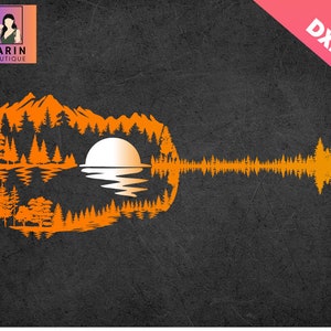 Gitaar Lake Shadow SVG, Love Guitar Musician, prachtige gitaar Lake Shadow, Guitar Sunset Svg, Reflection Sunset SVG, cadeau voor gitarist, Cricut