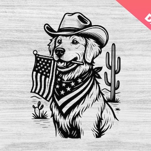 Png Svg de chien cow-boy Golden Retriever patriotique, chien occidental avec drapeau américain, décoration vintage des États-Unis, amoureux des chiens, maisons de style campagnard rustique, Cricut