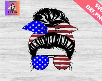 Messy Bun patriottico fuoristrada SVG, vita di mamma in formato SVG, occhiali fiocco donna, mamma bambino vita, mamma figlia, vita familiare, Messy Bun, mamma trasparente, design mamma