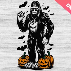 May include: A black and white illustration of a Bigfoot wearing a jack-o'-lantern necklace and standing on top of three pumpkins. Bats are flying around him.