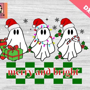 Merry and Bright Ghost SVG, Christmas Lights svg, Retro Holiday Graphic png, Winter Png,Christmas Tree,Merry Christmas,Cute Christmas Ghosts
