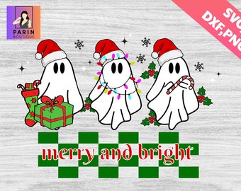 Merry and Bright Ghost SVG, Christmas Lights svg, Retro Holiday Graphic png, Winter Png,Christmas Tree,Merry Christmas,Cute Christmas Ghosts