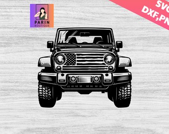 May include: Black and white illustration of a Jeep with an American flag on the front grille.