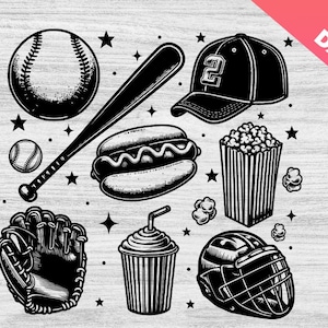 Baseball Vintage SVG, Baseball Mom PNG, Popcorn Hot Dog, Baseball Ball Clipart, Kij baseballowy, Dziewczyny Snack Clipart, Softball Swing, Gra Baseball