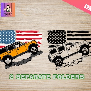 May include: Two digital cut files of a jeep driving over a stylized American flag. The jeep on the left is yellow and the jeep on the right is white. The flag on the left is red, white, and blue. The flag on the right is black and white. The text "2 SEPARATE FOLDERS" is below the images.
