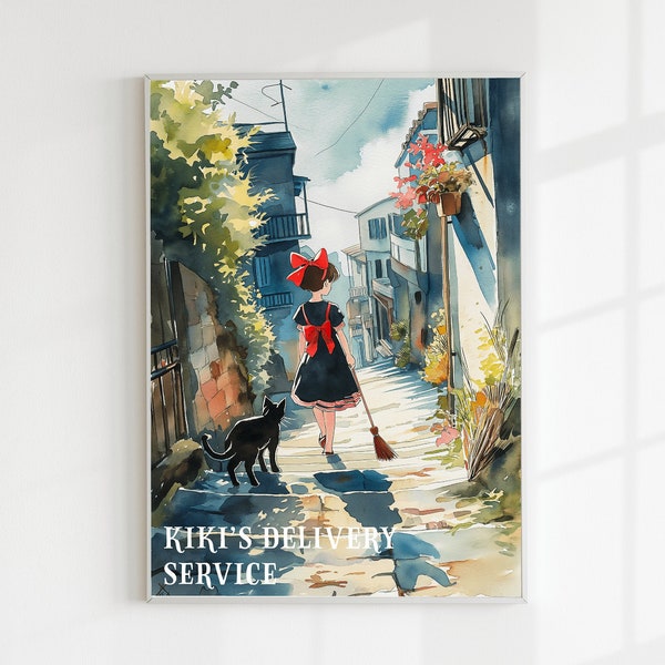 Un altro giorno con Kiki e Jiji - Poster digitale ad acquerello Ghibli