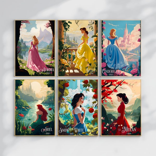 BUNDLE 6 Principessa Cenerentola/Aurora/Belle/Mulan/Biancaneve/- Poster numerico ad acquerello - Sogno Magico