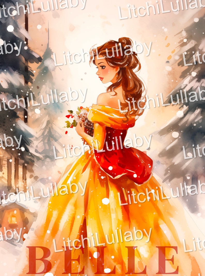 Princess Belle Watercolor Digital Poster Christmas Version Etsy