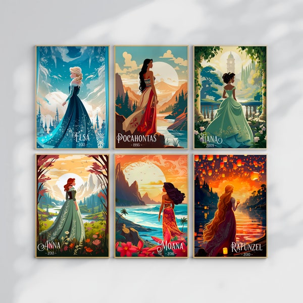 BUNDLE 6 Principessa Elsa/Anna/Rapunzel/Pocahontas/Tiana/Moana - Poster numerico ad acquerello - Mondo magico