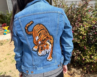 TENDERLOIN  T-WORK JKT ノーカラー Women's Denim Jacket Tiger Patch, Casual Jacket, Preppy