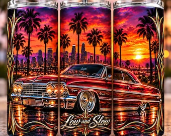 Low and Slow Lowrider Tumbler Wrap PNG, Classic Impala Sunset Design, Lowrider Car Digital Download, 20oz Skinny Tumbler Sublimation