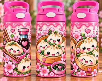Kawaii Dumpling 12oz Tumbler Wrap PNG, Cute Pink Dumpling Kids Water Bottle Design, Japanese Food Sublimation Design, Digital Download