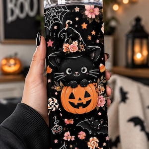 Söt Halloween-katt 59 cl smal tumbler-wrap PNG | Kawaii spök-pumpa-tumblerdesign | Sömlös Halloween-sublimering | Digital nedladdning