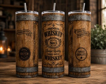 May include: Three cylindrical tumblers with a wood grain pattern resembling a whiskey barrel, featuring metal-look bands at the top and bottom. The center tumbler displays text reading Premium Whiskey Original No.7 Blend Finest Quality Small Batch.