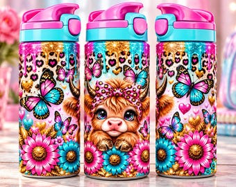 May include: Three cylindrical water bottles with pink and blue flip-top lids. The design features a fluffy brown highland cow with a leopard print bow, colorful butterflies, leopard print hearts, and bright pink and blue sunflowers.