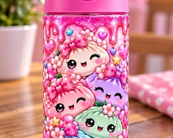 May include: A clear plastic water bottle with a bright pink lid and handle. The bottle features a vibrant, glittery pink background decorated with multiple smiling, colorful dumpling characters, pink bows, small flowers, and hearts.