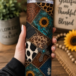 Western Faux Patchwork 20oz Skinny Tumbler Wrap PNG | Seamless Sunflower Cowhide Leopard Denim Leather Cross Sublimation Design | Digital