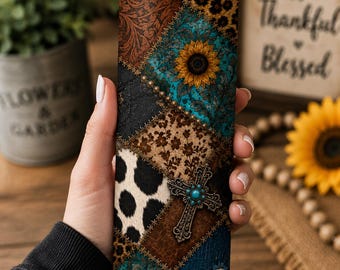 Western Faux Patchwork 20oz Skinny Tumbler Wrap PNG | Seamless Sunflower Cowhide Leopard Denim Leather Cross Sublimation Design | Digital