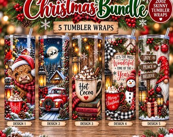 May include: A Christmas bundle of 5 skinny tumbler wraps featuring festive designs. The prints include a highland cow in a Santa hat, a red truck in a snowy landscape, a mug of hot cocoa, a snowman with the text It's the Most Wonderful Time of the Year, and a gnome with signs reading Joy, Peace, and Believe.