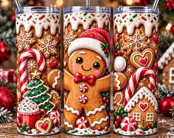 May include: A cylindrical tumbler featuring a festive gingerbread theme with a central gingerbread person wearing a Santa hat and red bow tie, surrounded by candy canes, a decorated Christmas tree, a gingerbread house, and colorful sprinkles.