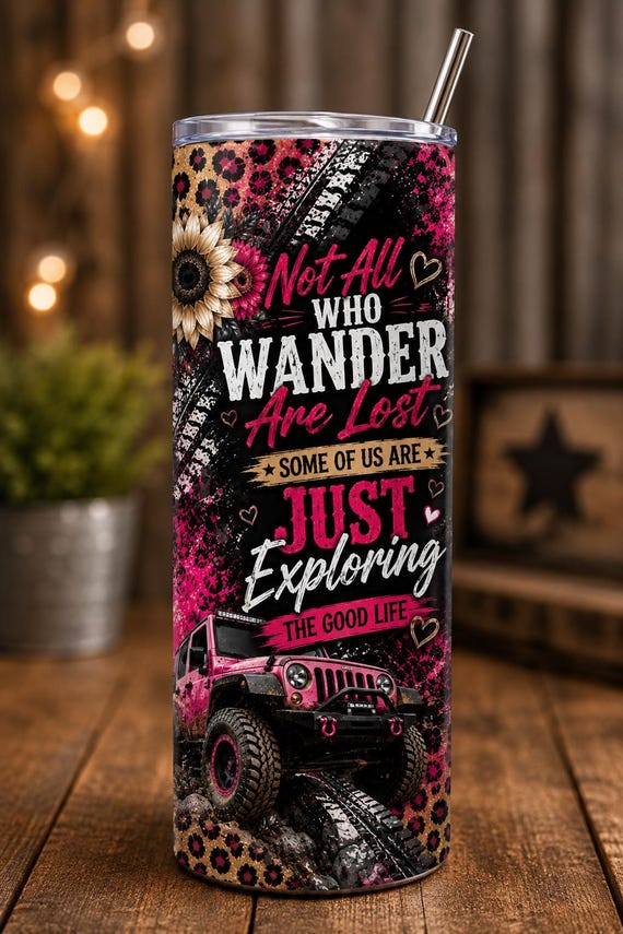 Pink Off Road Tumbler Wrap PNG, 20oz Skinny Tumbler Design, Leopard Sunflower Sublimation Wrap, Tire Track Adventure Digital Download