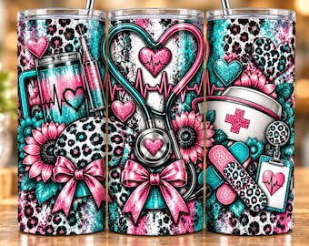 May include: A cylindrical tumbler featuring a vibrant medical-themed print with a stethoscope forming a heart, pink sunflowers, leopard print patterns, a nurse cap with a red cross, a syringe, a bandage, and a clipboard with a heart rhythm.