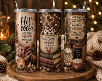 Może przedstawiać: Trzy cylindryczne kubki z pokrywkami i słomkami w rustykalnym zimowym stylu. Wzory zawierają napisy takie jak Hot Cocoa, Good Books i Cozy Vibes oraz ilustracje kubków z piankami marshmallow, stosami książek i świecami.