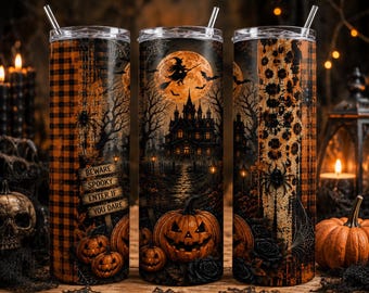 May include: Three cylindrical tumblers with lids and straws featuring a Halloween theme. The design includes a haunted house, a full moon with a witch on a broomstick, jack-o'-lanterns, and a sign that reads BEWARE SPOOKY ENTER IF YOU DARE.