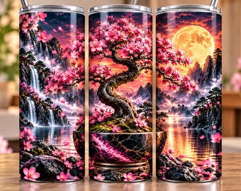 Bonsai Tree Tumbler Wrap PNG, Cherry Blossom Moonlight Design, Japanese Zen Landscape, 20oz Skinny Tumbler Sublimation, Digital Download