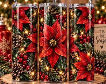 May include: Three cylindrical tumblers with metal straws, each featuring a vibrant holiday print of red poinsettia flowers, green pine needles, brown pinecones, and bright red holly berries against a dark background with glowing fairy lights.