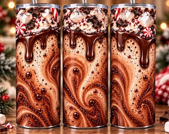 Hot Cocoa Christmas Tumbler Wrap PNG, Chocolate Drip and Marshmallow Design, Peppermint Candy 20oz Skinny Tumbler Sublimation